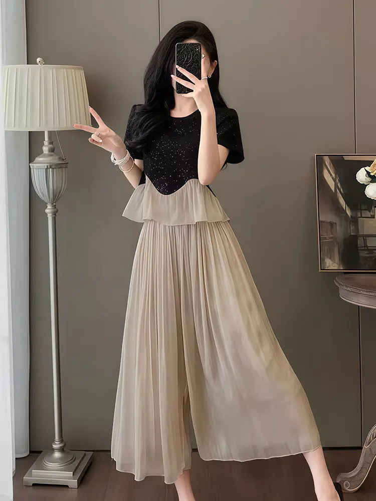 Women’s 2-Piece Pant Set – Ruffle Top & Cozy Trousers, Luxury Full Outfit