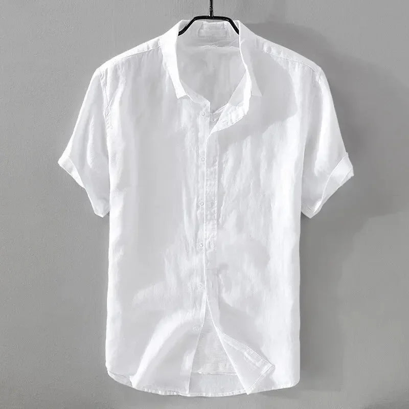 Men's Short Sleeve Linen Shirt – Casual Retro Loose Fit Youth Cotton Blend Summer Top