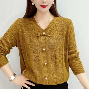 Autumn Bow Hollow Knitted Sweater – Loose Long Sleeve Versatile Top for Women