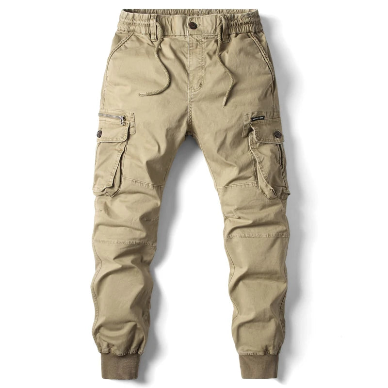 2024 New Cotton Men Cargo Pants – Khaki Tactical Joggers with Multi-Pockets