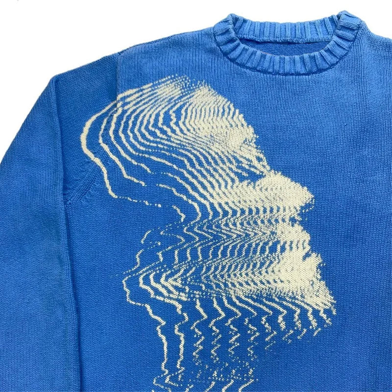 Men's Blue Y2K Knitted Sweater – Harajuku Anime Pattern Unisex Retro Cotton Pullover