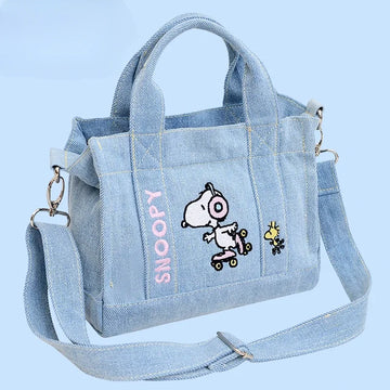 Kawaii Snoopy Denim Tote Bag – Cute Embroidered Cartoon Lunch & Crossbody Bag for Students