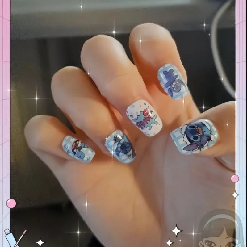 Stitch Themed Fake Nails Set – Cute Cartoon Nail Art Kit with Jelly Glue & Storage Box