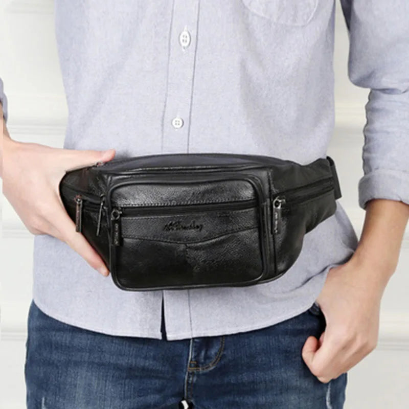 Men’s Leather Waist Bag – High Capacity Waterproof Fanny Pack & Belt Pouch