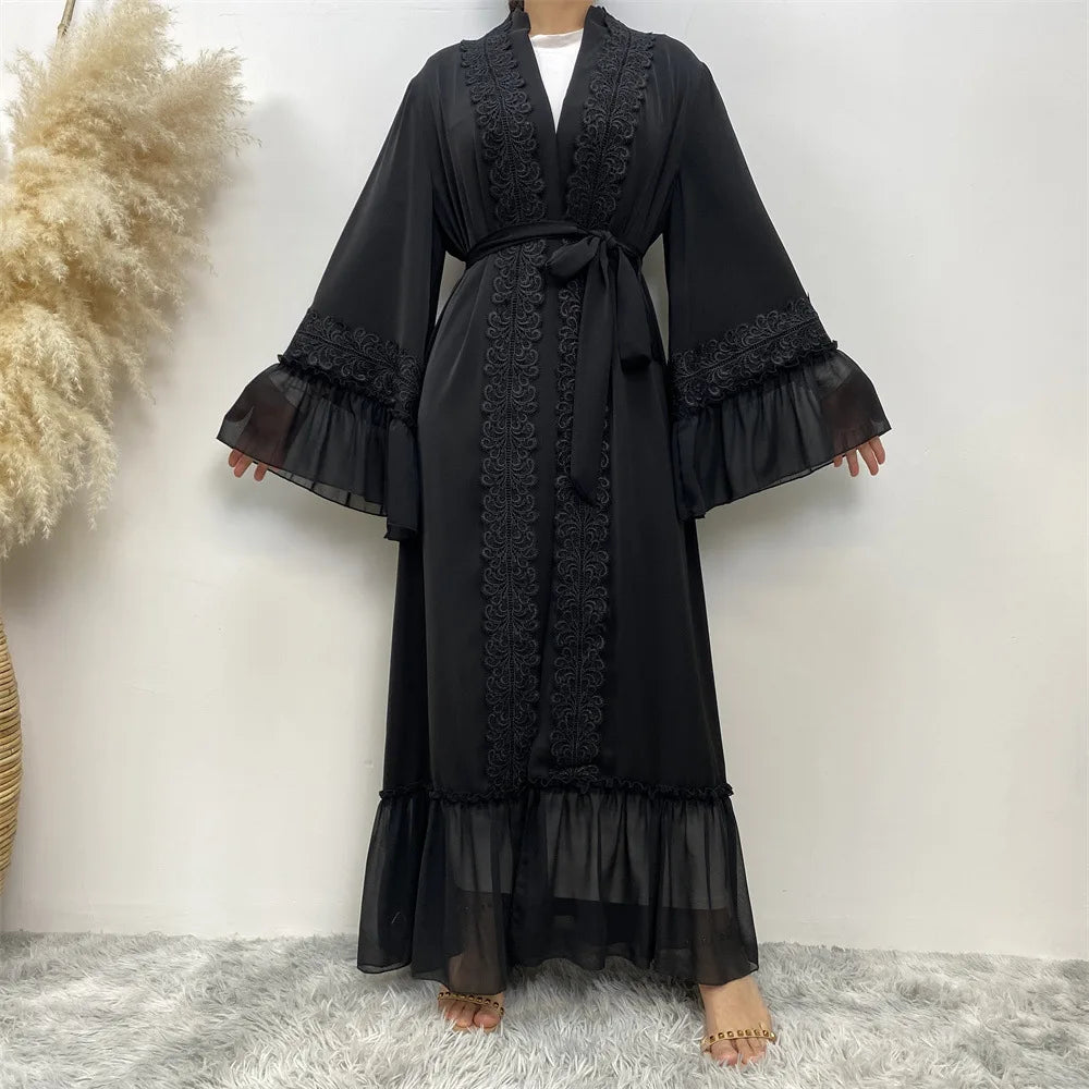 Fashion Lace Stitching Muslim Abaya – Full Length Flare Sleeve Dubai & Turkey Robe with Belt WY1391