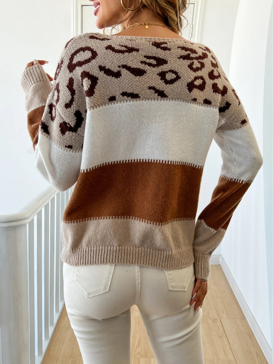 Leopard Print Contrast Pullover Sweater – Autumn & Winter Knitted Fashion for Women