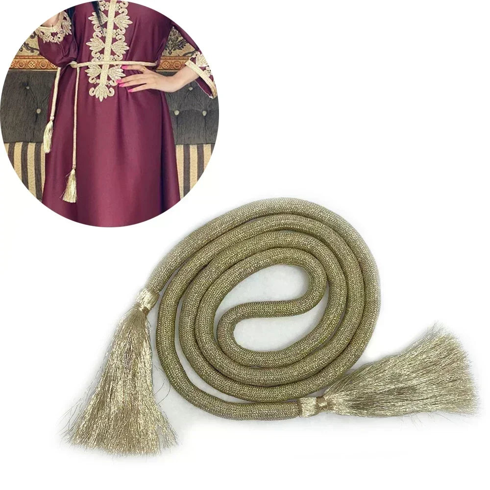 Gold Silk Tassel Waistband Belt – Elegant 180cm Waist Rope for Abaya & Dresses