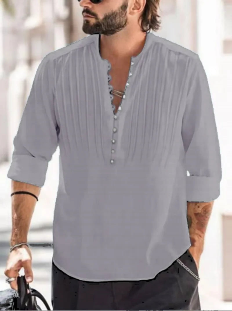 2024 Men's Bandage Collar Cotton Shirt – Slim Fit Long Sleeve Casual Wear
