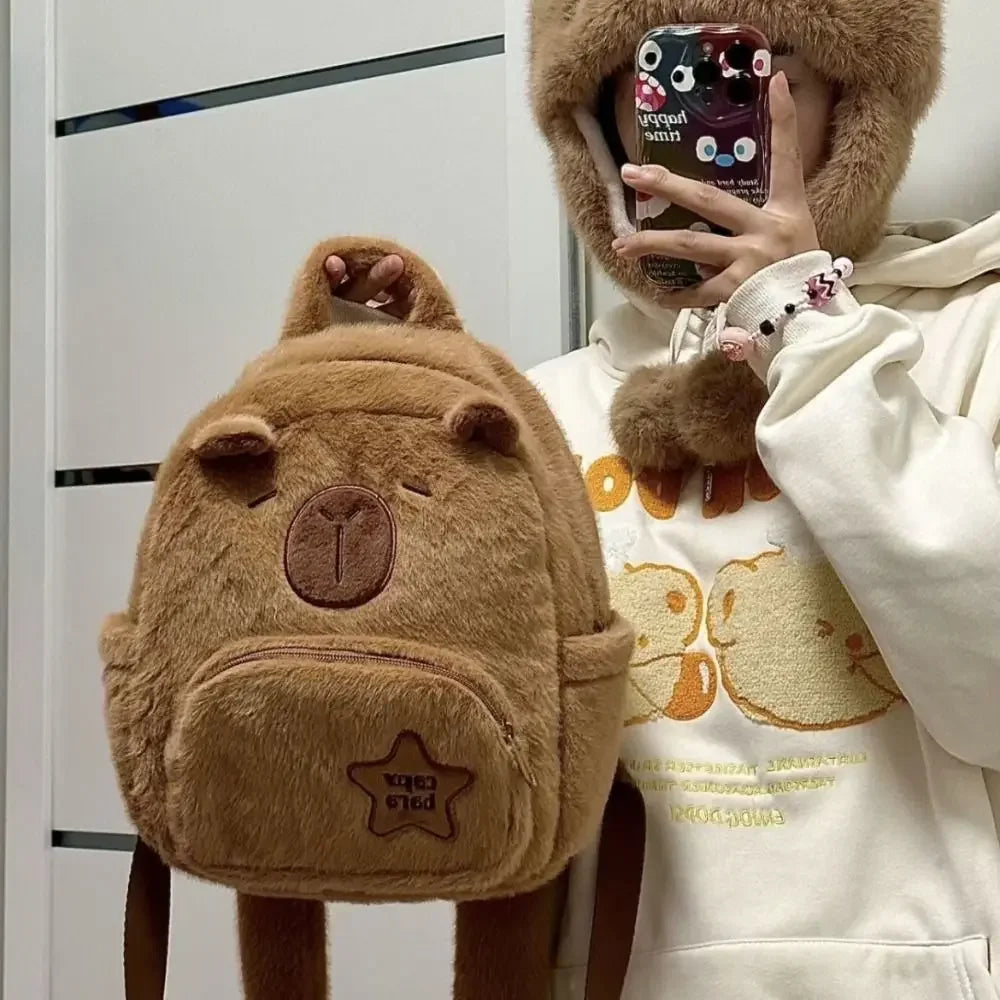 Kawaii Capybara Plush Backpack – Cute Cartoon Crossbody & Tote Bag for Women