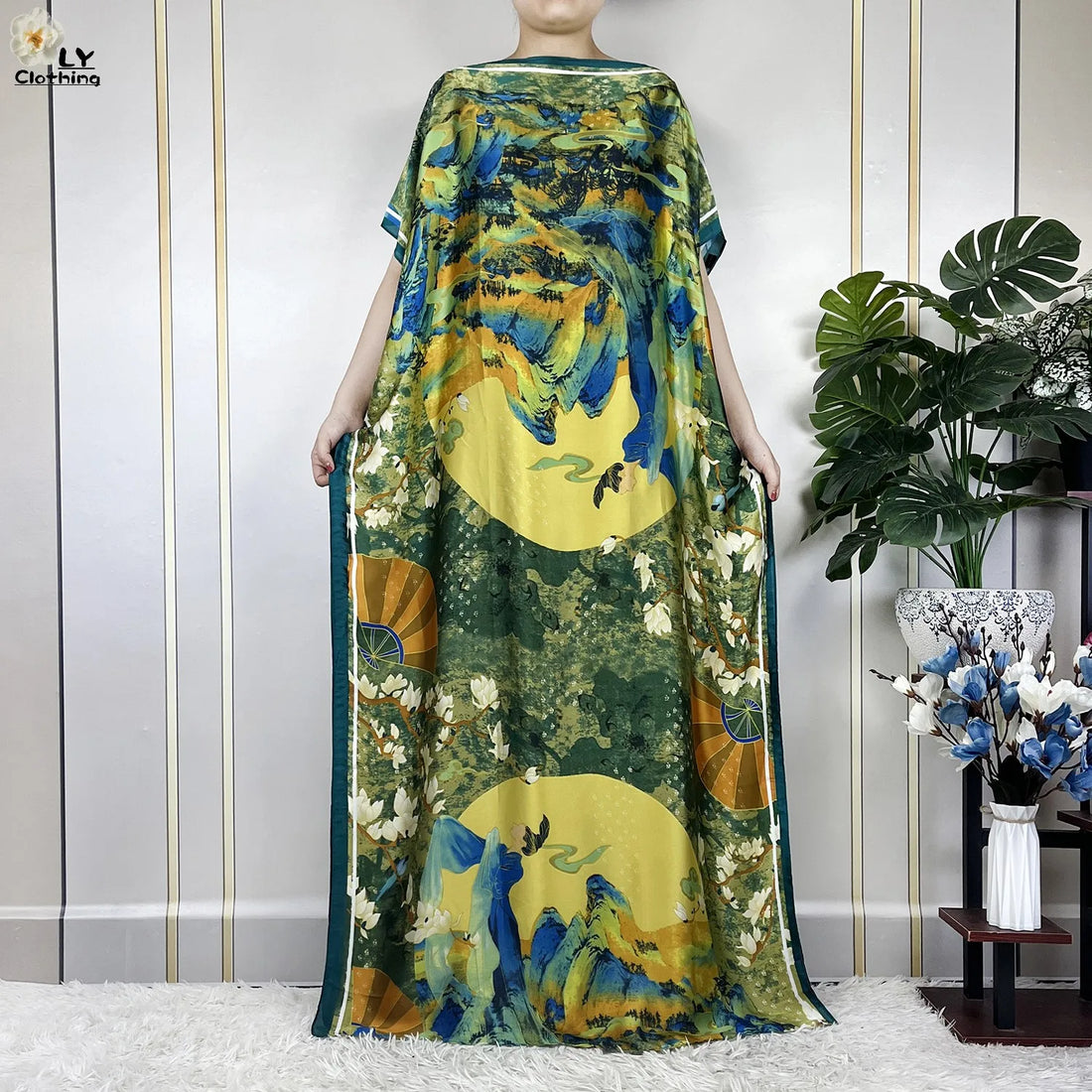 2023 Printed Silk Muslim Abayas for Women – Elegant Loose African Maxi Robe with Belt & Turban