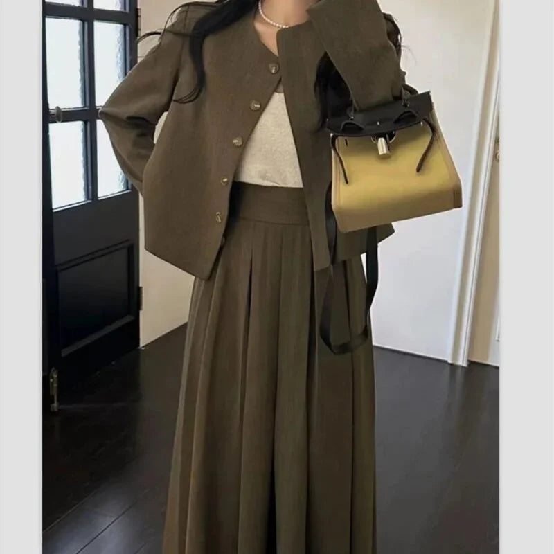 2024 Autumn Women's Two-Piece Dress Set – Suit Jacket & Pleated Midi Skirt Korean Fashion