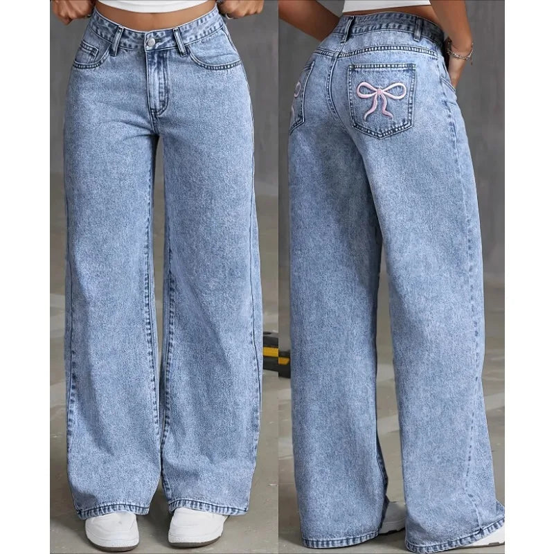 Women's High Waisted Denim Wide Leg Jeans – Bow Embroidered Pocket Casual Fashion Trousers