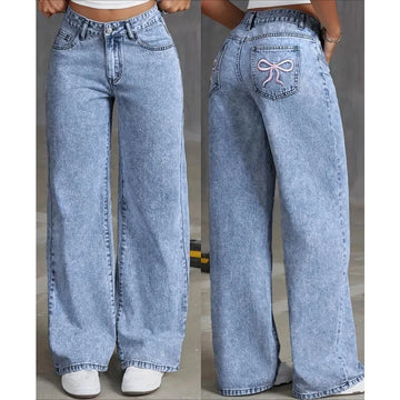 Women's High Waisted Denim Wide Leg Jeans – Bow Embroidered Pocket Casual Fashion Trousers