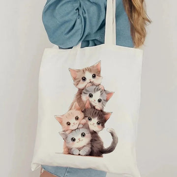 Cute Cat Print Tote Bag – Booktrovert Canvas Bag for Book Lovers & Makeup Essentials