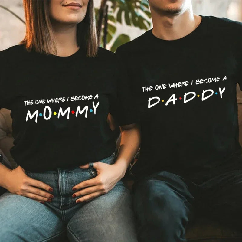 The One Where I Become Mommy Daddy T-Shirt – Women’s Couple Matching Baby Announcement Tee
