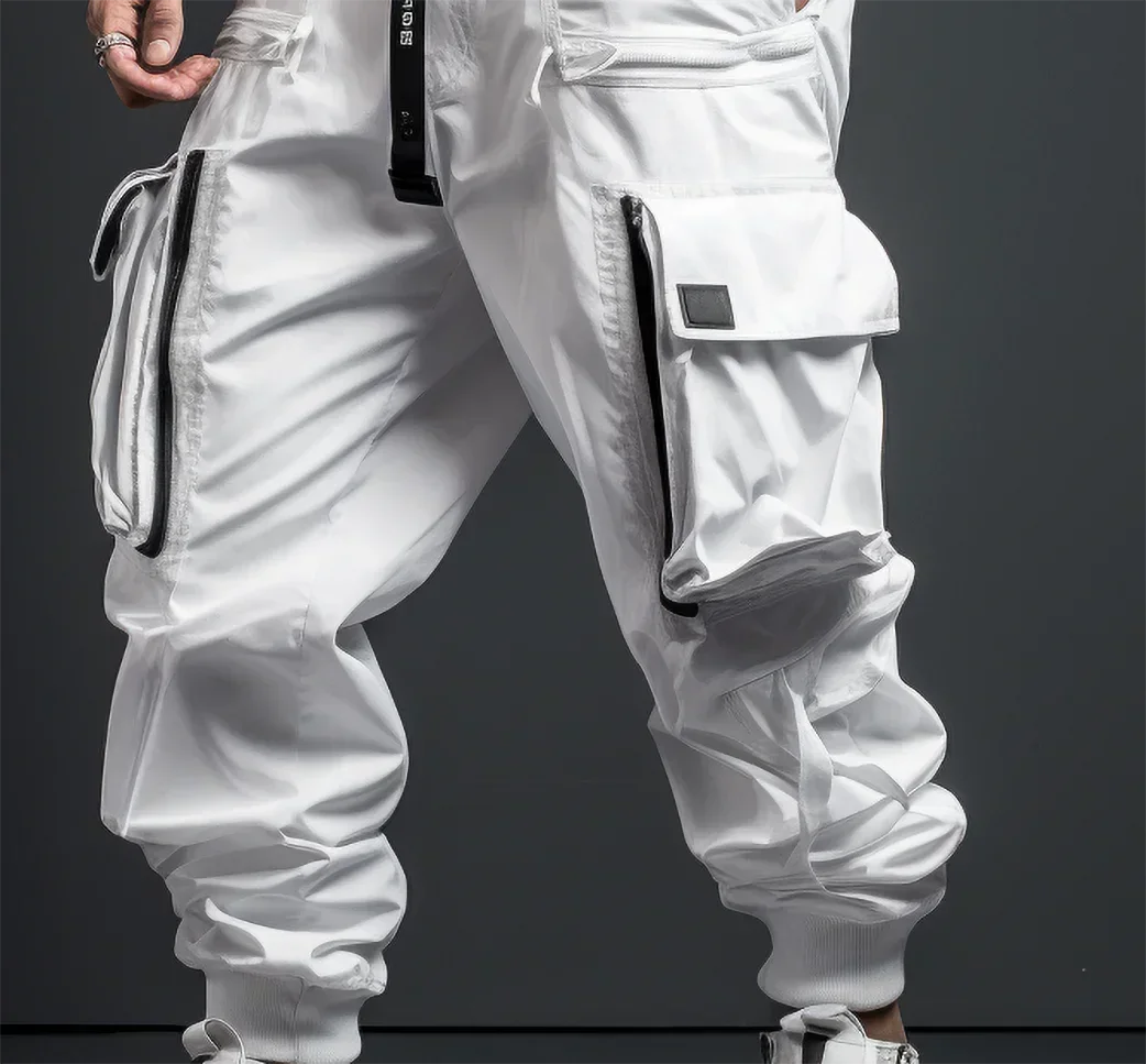 Men's Techwear Cargo Pants – White Outdoor Casual Workwear Trousers