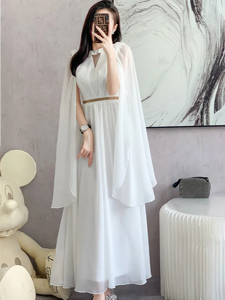 SMTHMA Luxury White Long Dress – Elegant Sleeveless Vintage Party Dress for Women