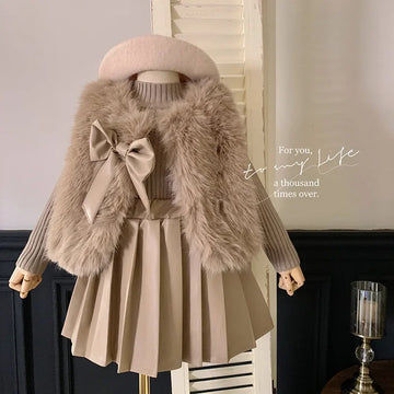 Stylish 3-Piece Kids Outfit – Furry Coat, Knitted Top & Pleated Leather Skirt for Girls