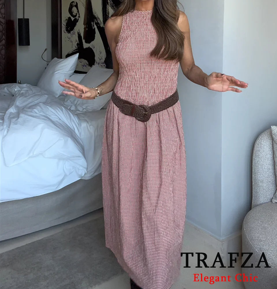 TRAFZA Elegant Plaid Vest Dress – Women’s Sleeveless Long Summer Dress 2025