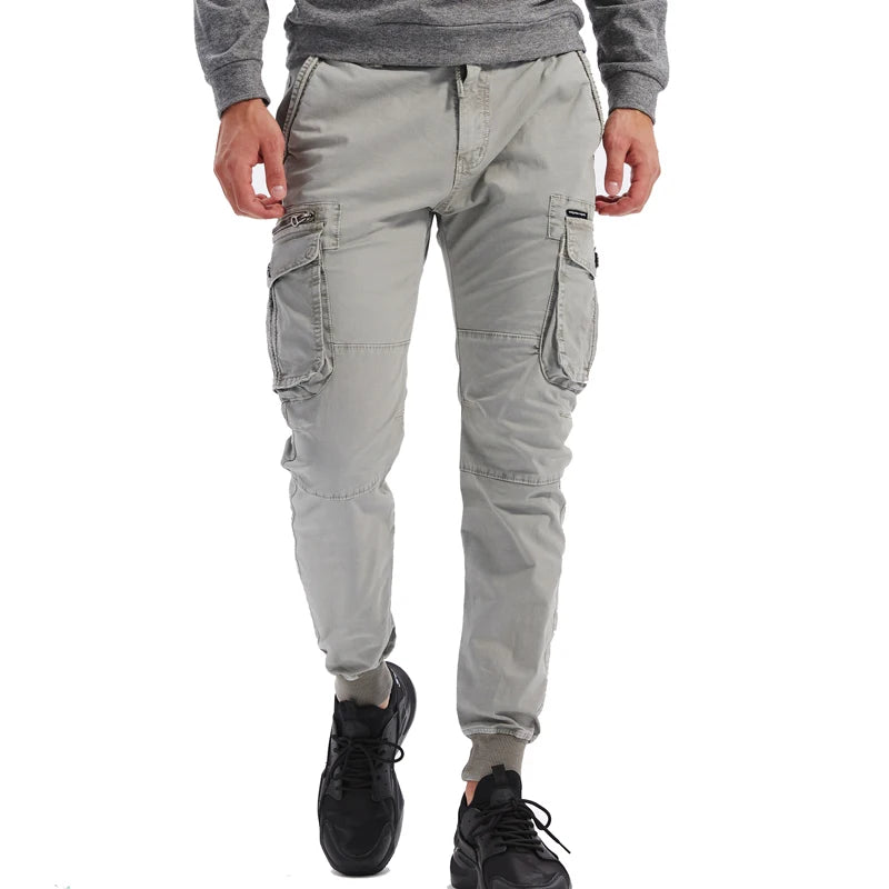2024 New Cotton Men Cargo Pants – Khaki Tactical Joggers with Multi-Pockets