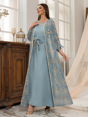 Embroidered Muslim Abaya Set with Belt – Modest Formal Dress for Dubai, UAE, Ramadan & Weddings