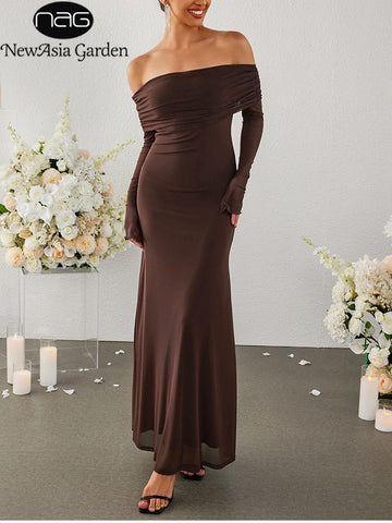 NewAsia Off-Shoulder Mesh Long Dress – Backless Trumpet Sleeve Party Maxi Dress for Women
