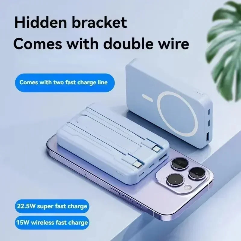 Wireless Power Bank 30000mAh – Magnetic Fast Charging Portable Charger with Built-in Cable Holder