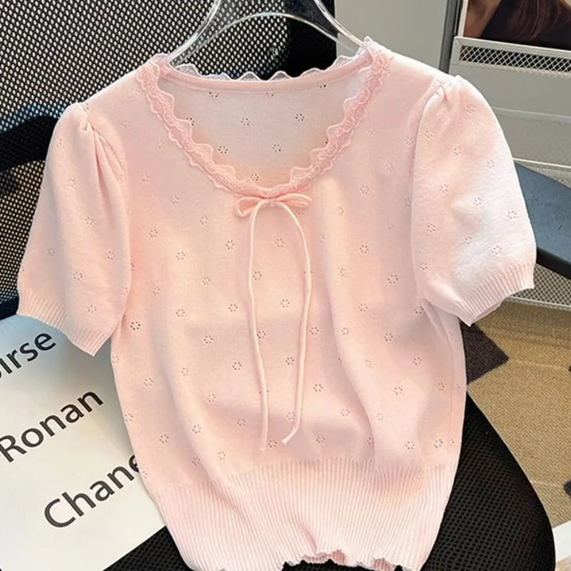 Sweet Bow Lace Ice Silk Short Sleeve T-Shirt – Women’s Summer Slim Fit Chic Top