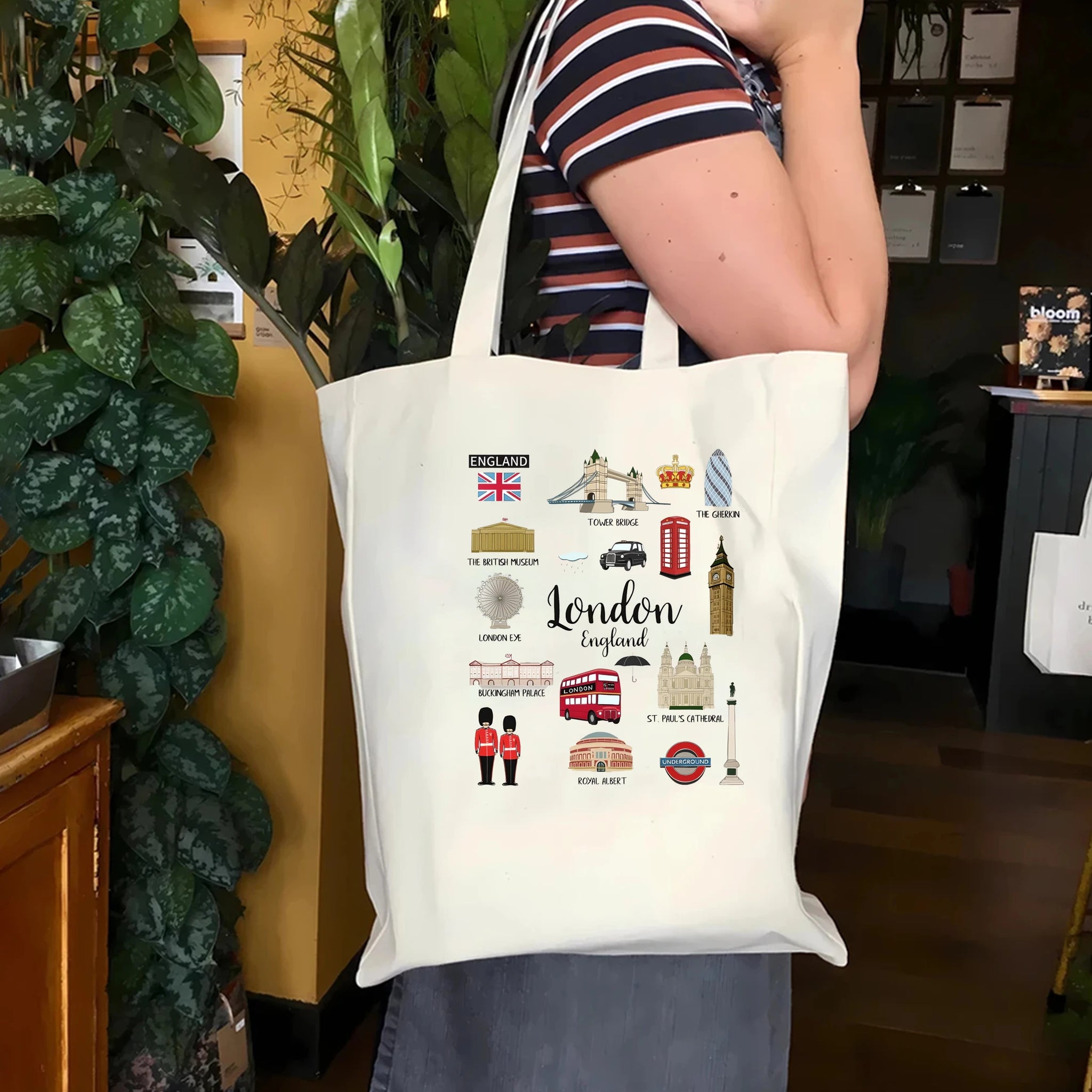 London Tote Bag – Women's Casual Canvas Travel Bag with Zipper Featuring London Landmarks