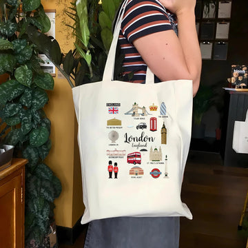 London Tote Bag – Women's Casual Canvas Travel Bag with Zipper Featuring London Landmarks