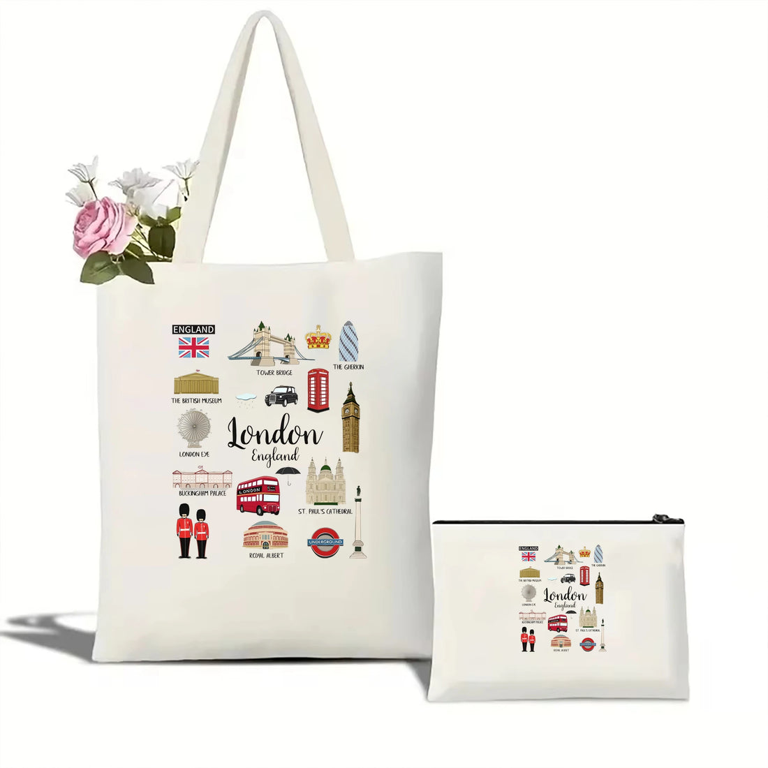 London Tote Bag – Women's Casual Canvas Travel Bag with Zipper Featuring London Landmarks