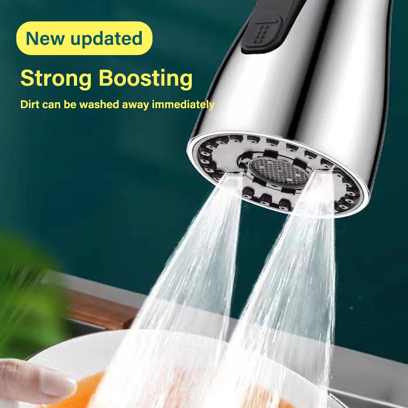 3-in-1 Kitchen Faucet Extender – 360° Rotating Pull-Out Tap with Multi-Mode Flushing