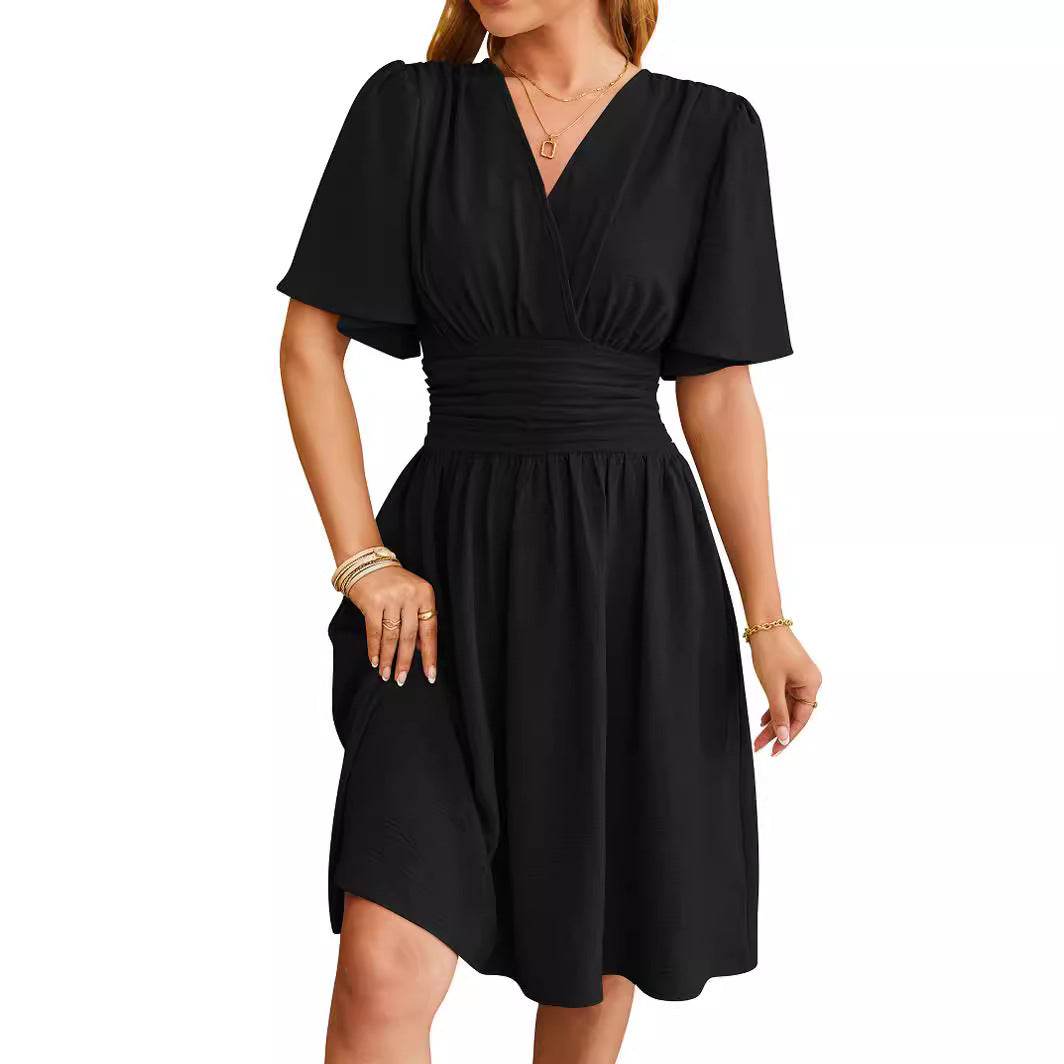 V-Neck Flare-Sleeve Dress – Fitted Waist Fashion Dress for Women