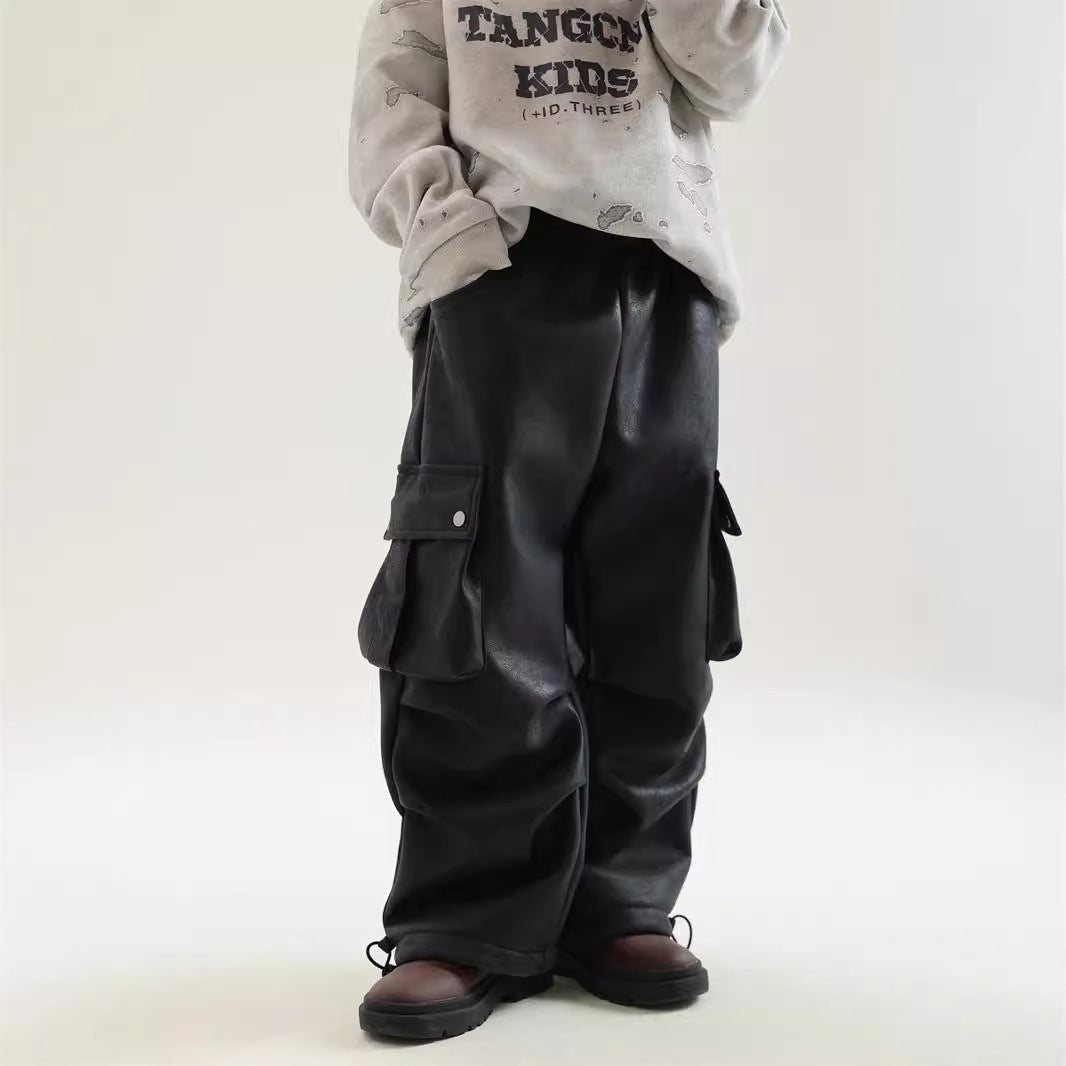 Boys Winter Leather Pants – Fleece-Lined Workwear Style for Cold Weather Comfort